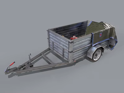 Metal Cargo Trailer With Green Tarp Cover Open Bed And Hitch Wheels 3d model