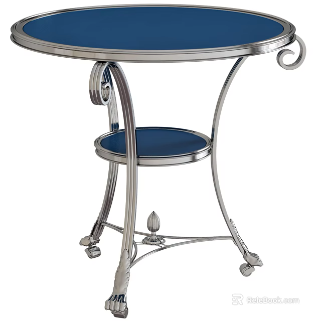 Round Blue Dining Table With Metal Frame Lower Shelf And Scroll Accents 3d model