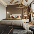 Modern Bedroom Interior With Comfortable Bed Yellow Blanket Pillows Nightstand Lamp Chair And Wooden Floor