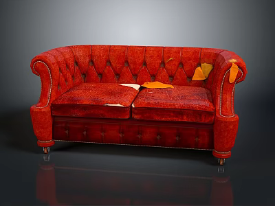 Red Leather Double Sofa with Tufted Curved Armrests Metal Legs and Leaves on Dark Background 3d model