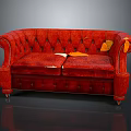 Red Leather Double Sofa with Tufted Curved Armrests Metal Legs and Leaves on Dark Background