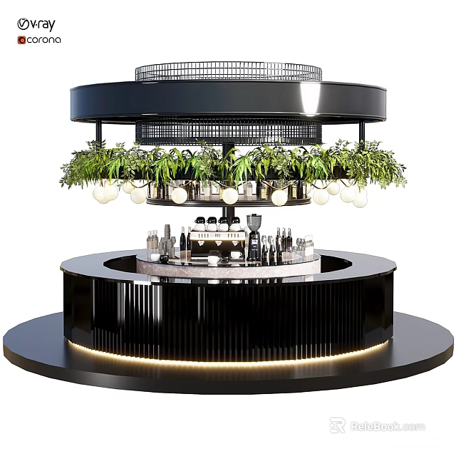 Café Interior Design With Round Bar Counter Decorative Plants Hanging Lights And Drinks 3d model 