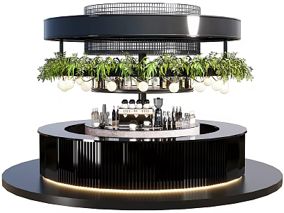 Café Interior Design With Round Bar Counter Decorative Plants Hanging Lights And Drinks 3d model