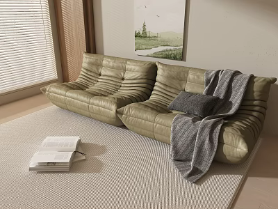 Pleated Olive Green Leather Two Seater Sofa With Gray Throw Blanket In Cozy Living Room 3d model