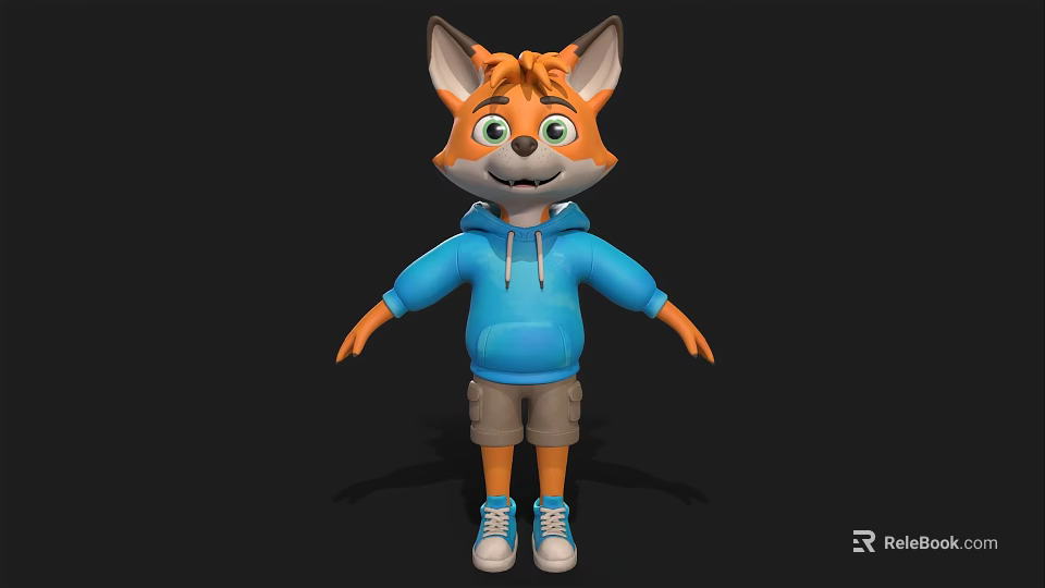 Cartoon Fox Character Wearing Blue Hoodie Khaki Shorts and White Sneakers with Happy Expression 3d model 
