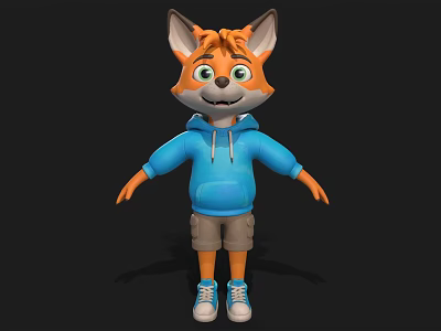 Cartoon Fox Character Wearing Blue Hoodie Khaki Shorts and White Sneakers with Happy Expression 3d model