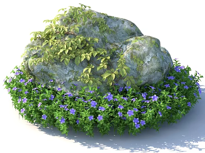 Green Vine Covering Large Stone With Purple Flowers And Surrounding Green Plants 3d model
