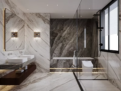 Modern Bathroom Interior With Marble Walls Double Sinks Glass Shower And Bathtub 3d model