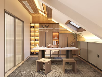 Modern Japanese Tea Room With Sloped Ceiling Wooden Bookshelves Table Stools And Skylight Natural Light 3d model