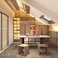 Modern Japanese Tea Room With Sloped Ceiling Wooden Bookshelves Table Stools And Skylight Natural Light