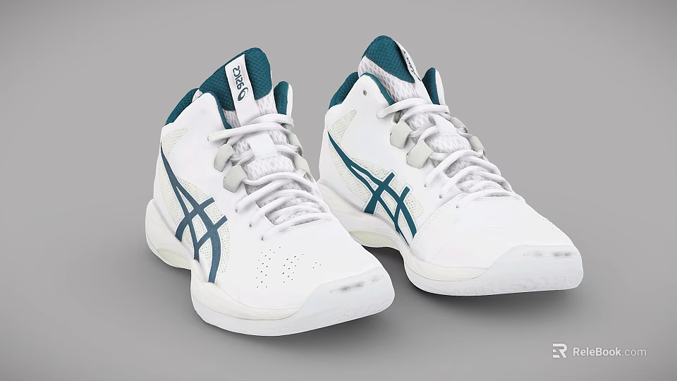 ASICS White High Top Basketball Shoes With Blue Accent And Comfortable Design 3d model 