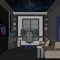 Modern Entertainment Room Interior With Starry Sky Ceiling Dark Walls Sofa And Gaming Chair