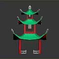 Traditional Chinese Multi Tiered Pavilion Brick Model With Green Roof And Red Pillars