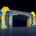 Futuristic Blockchain Museum Archway With Yellow Blue Design And Neon Tech Elements 3d model