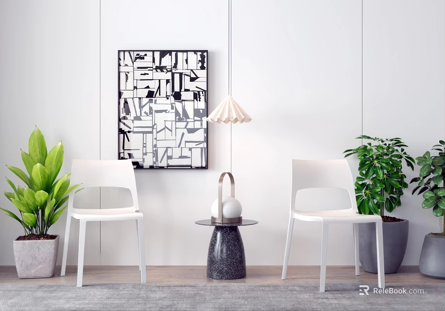 Modern White Chairs and Small Table with Decorative Lamp Green Plants and Geometric Wall Art 3d model 