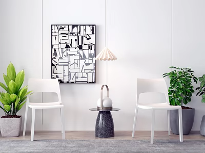 Modern White Chairs and Small Table with Decorative Lamp Green Plants and Geometric Wall Art 3d model