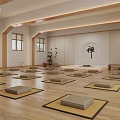 Zen Inspired Yoga Studio Interior With Wooden Floor Arranged Yoga Mats Plant Decorations And Windows