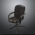 Vintage Worn Leather Office Chair With Armrests And Metal Wheel Base