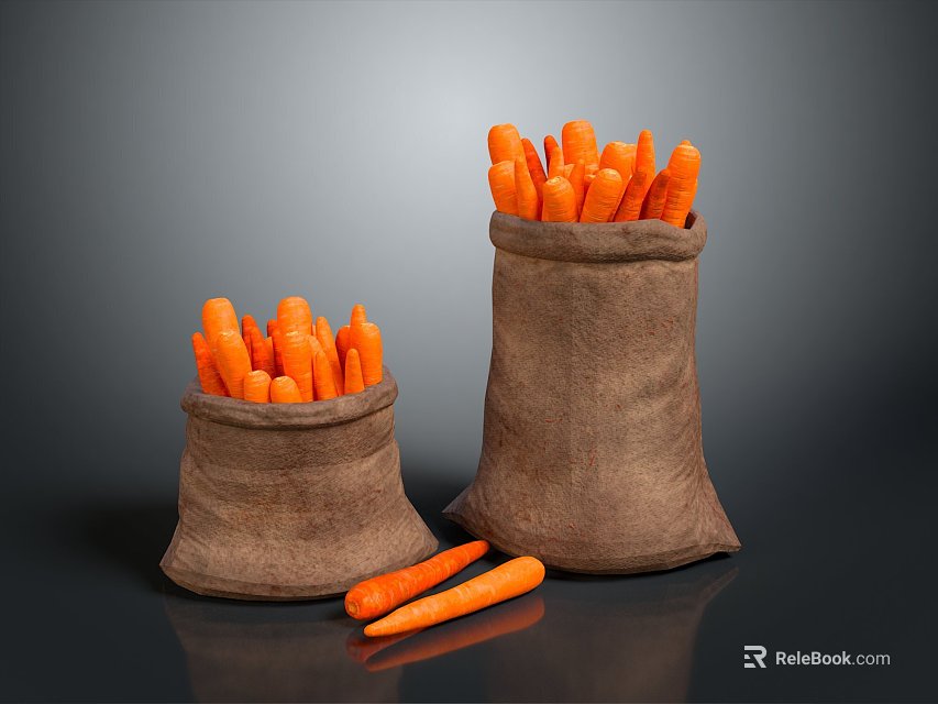 Fresh Carrots in Burlap Sacks with Two Extra Carrots on the Ground 3d model 