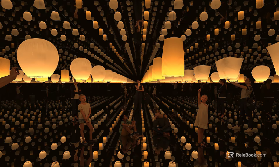 Numerous Bright Sky Lanterns Illuminated Night Scene With People Releasing Lights 3d model 