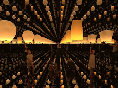 Numerous Bright Sky Lanterns Illuminated Night Scene With People Releasing Lights 3d model