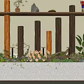 Wooden Decorative Pillars In Indoor Garden With Green Plants And Stone Planter