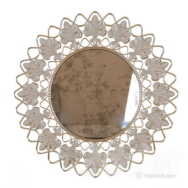 Elegant Round Mirror With Intricate Leaf Pattern Metal Frame Wall Decor 3d model