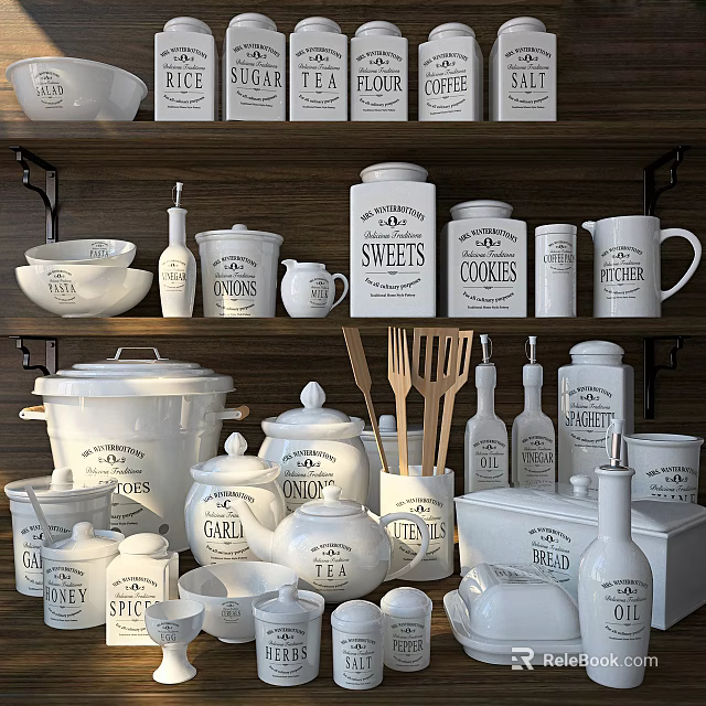 White Tableware Set With Labeled Jars And Wooden Utensils For Kitchen Storage 3d model 