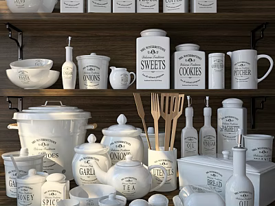 White Tableware Set With Labeled Jars And Wooden Utensils For Kitchen Storage 3d model