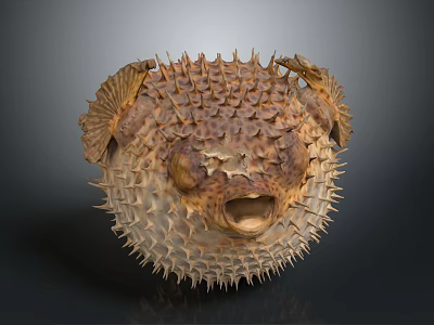 Close Up View Of Inflated Pufferfish With Spiky Skin And Open Mouth 3d model