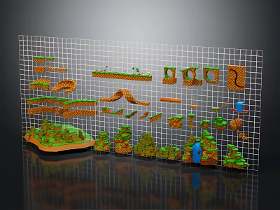 Pixel Style Cartoon Scene Elements On Grid Background With Hills Trees And Platforms 3d model