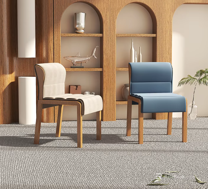 Two Modern Leisure Chairs In Beige And Blue With Wooden Legs And Decorative Shelves 3d model 