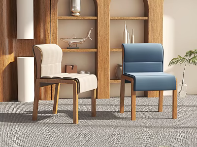 Two Modern Leisure Chairs In Beige And Blue With Wooden Legs And Decorative Shelves 3d model