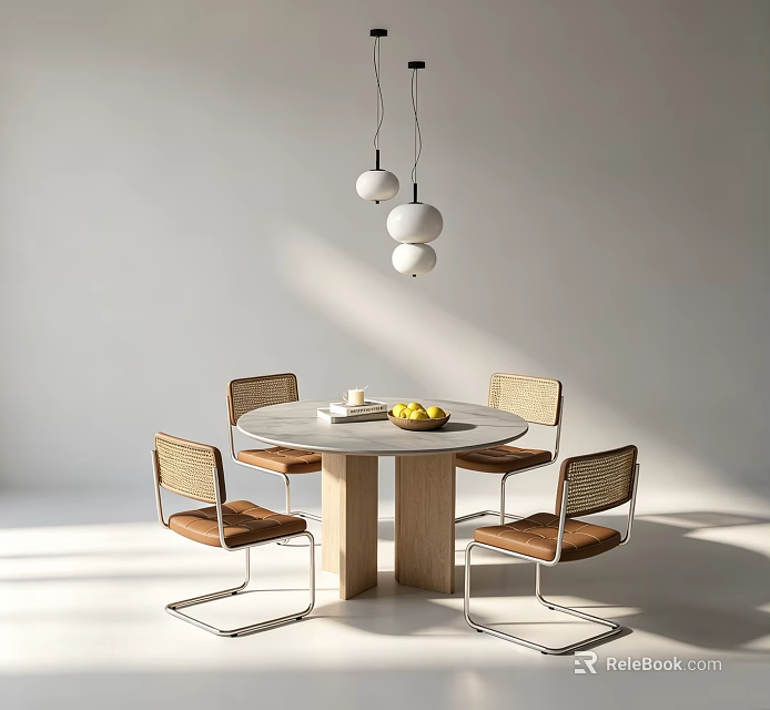 Minimalist Round Dining Table with Four Woven Chairs Brown Seats and Three White Pendant Lights 3d model 