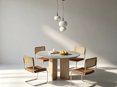 Minimalist Round Dining Table with Four Woven Chairs Brown Seats and Three White Pendant Lights 3d model