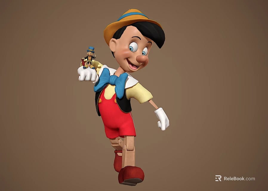 Pinocchio Classic Animated Film Character With Yellow Hat Blue Bowtie White Gloves And Red Shorts 3d model 