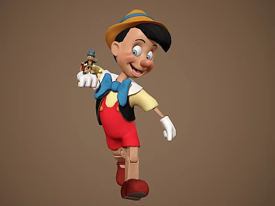 Pinocchio Classic Animated Film Character With Yellow Hat Blue Bowtie White Gloves And Red Shorts 3d model