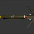Military Bomb with Brown Body Yellow Tail and Deployed Fins Detailed Metal Structure