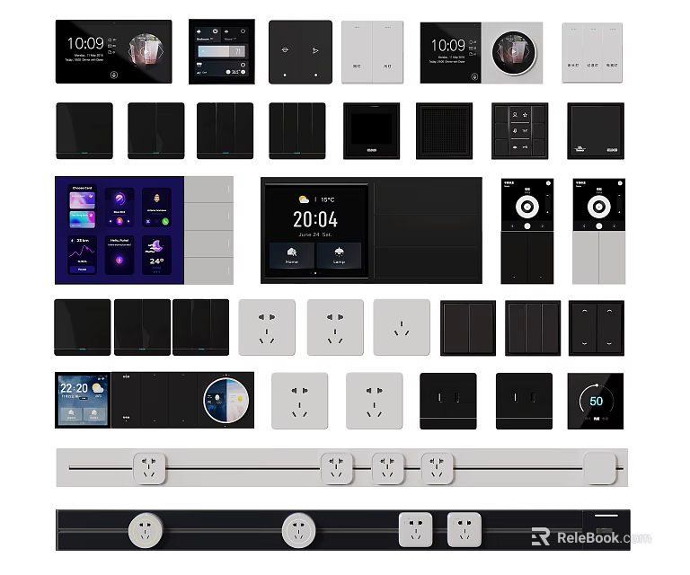 Modern Switch Panels With Various Designs Sockets And Display Controls For Home Use 3d model 