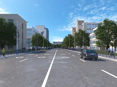 Road Infrastructure with Wide Lanes Trees Street Lamps Buildings and Pedestrian Paths 3d model