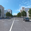 Road Infrastructure with Wide Lanes Trees Street Lamps Buildings and Pedestrian Paths