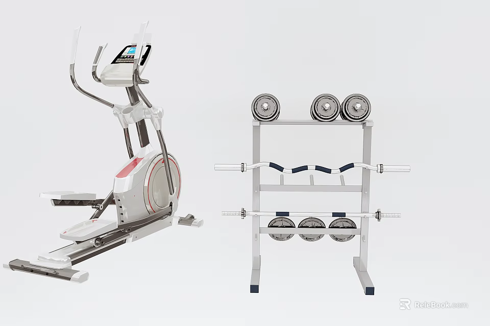 Home Fitness Equipment Setup with Elliptical Trainer and Dumbbell Rack with Dumbbells 3d model 