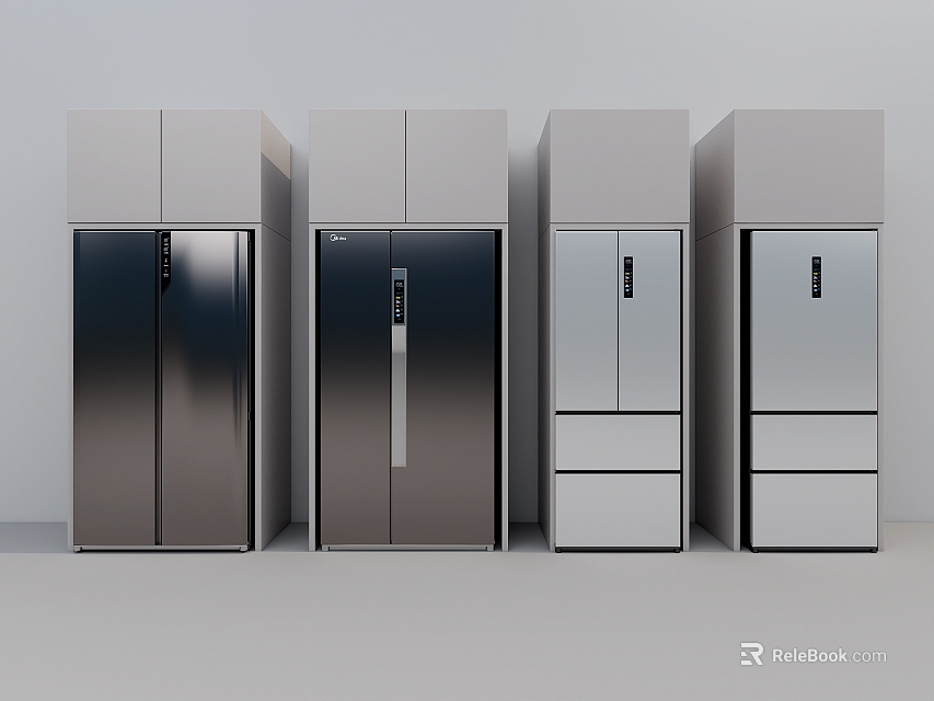 Modern Stainless Steel Refrigerators in Different Styles Arranged Side by Side 3d model 