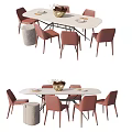 Modern Oval White Dining Table Set With Pink Chairs And Accent Stool 3d model