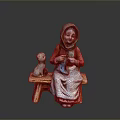 Elderly Woman With Green Headscarf Knitting While Sitting On Bench With White Cat