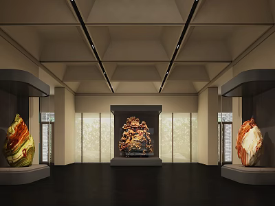 Cultural Center Exhibition Hall With Sculptures And Display Cases 3d model