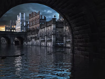Cartoon Scene Of Gothic Ruins Through Stone Arch With Gloomy Sky And Water Reflection 3d model