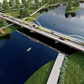 Scenic Arched Bridge Over Water With Reflection Green Trees And Cloudy Sky