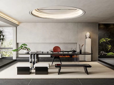 Modern Zen Tea Room With Round Ceiling Light Gray Walls Black Tea Table Red Seats 3d model