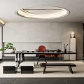 Modern Zen Tea Room With Round Ceiling Light Gray Walls Black Tea Table Red Seats